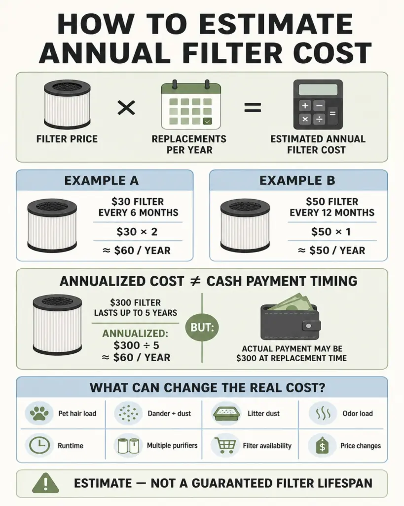 Air purifier annual filter replacement cost calculation