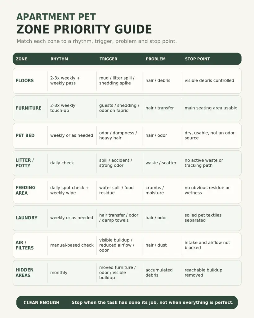 Apartment pet cleaning zone priority guide for hair odor and routine tasks