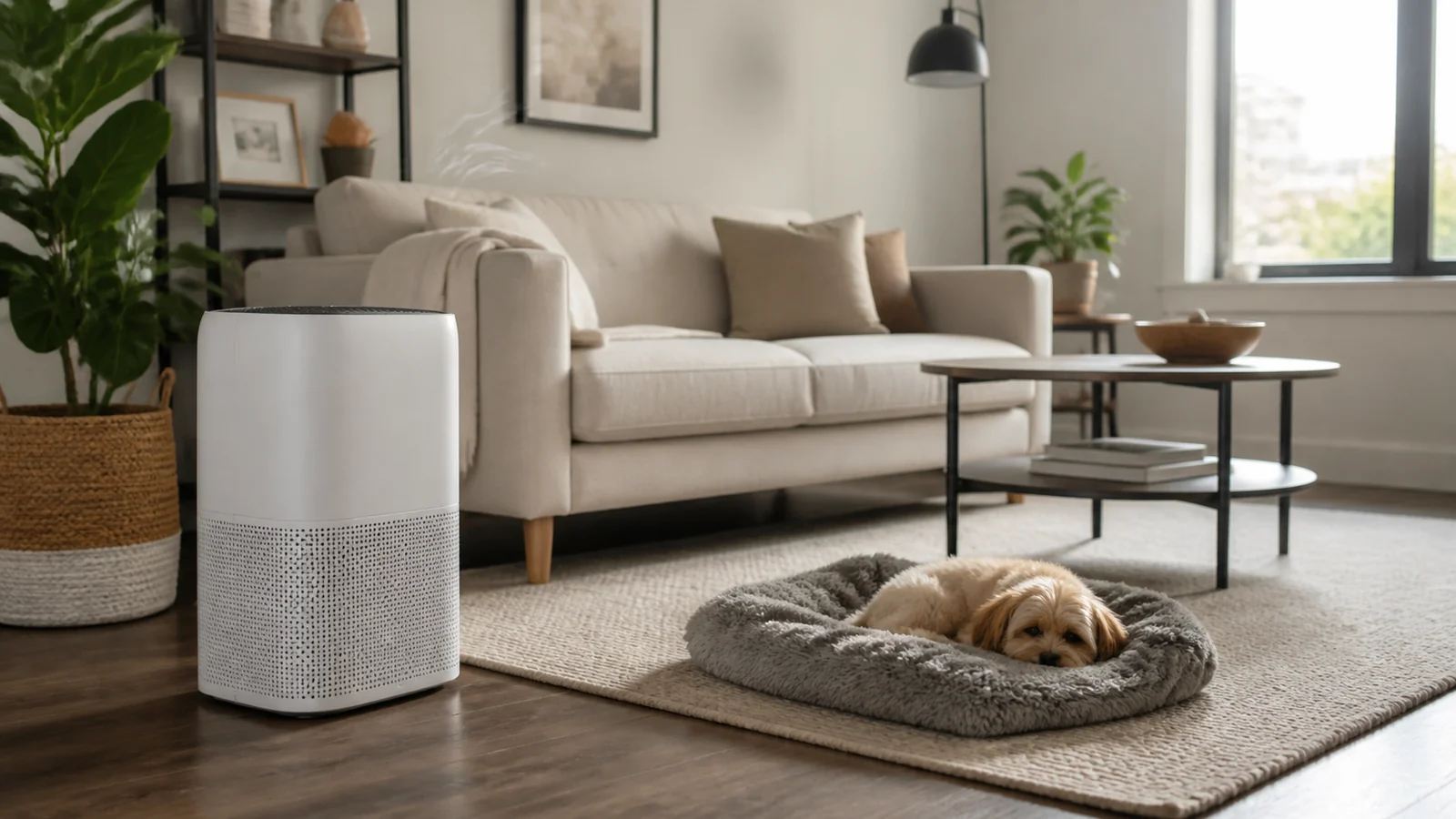 Air purifier for pet odor in a clean apartment living room