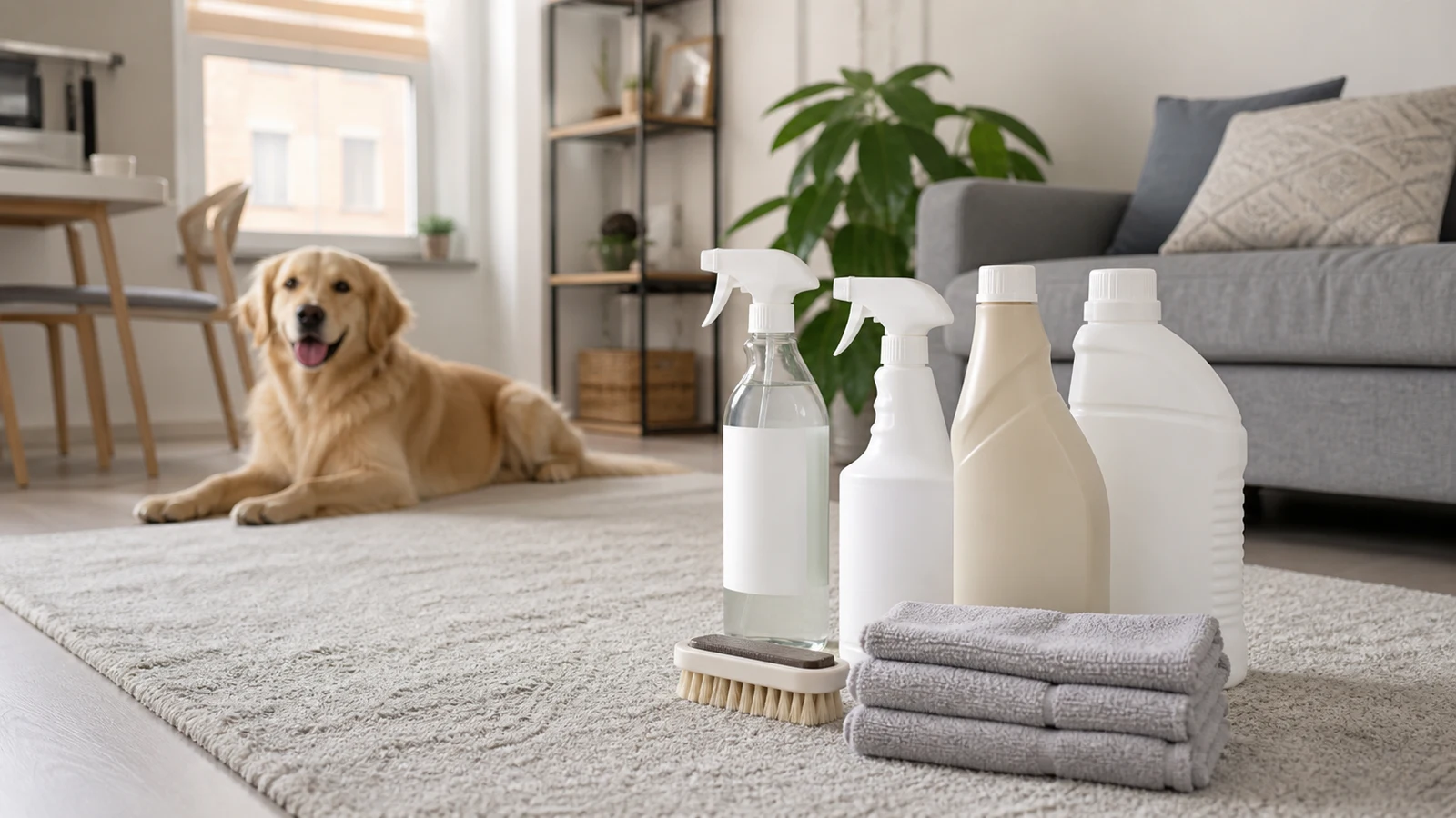 Best enzyme cleaners for pet urine represented by unbranded cleaning bottles in an apartment