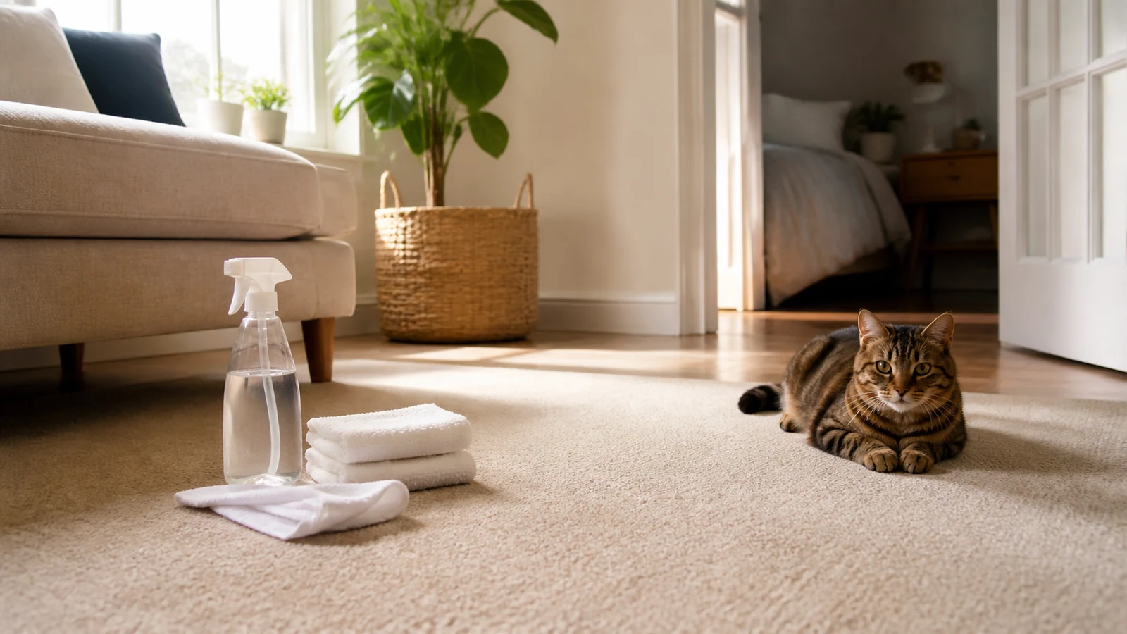 Apartment carpet area prepared for cat urine odor cleanup
