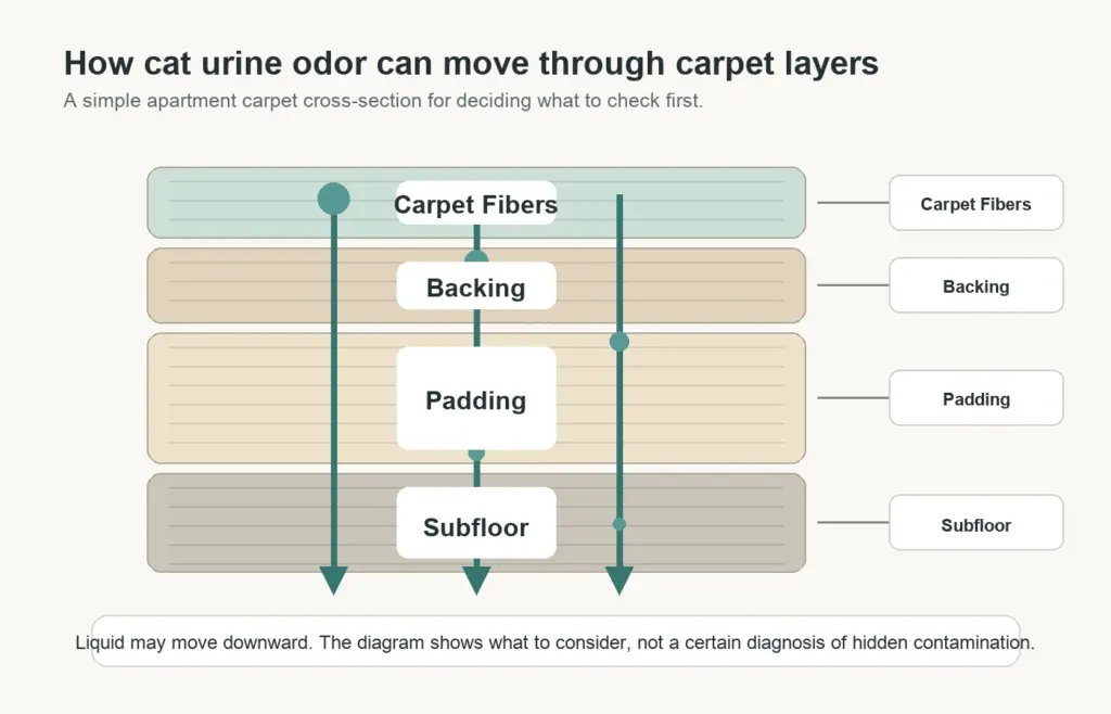 Diagram of carpet fibers backing padding and subfloor affected by cat urine odor