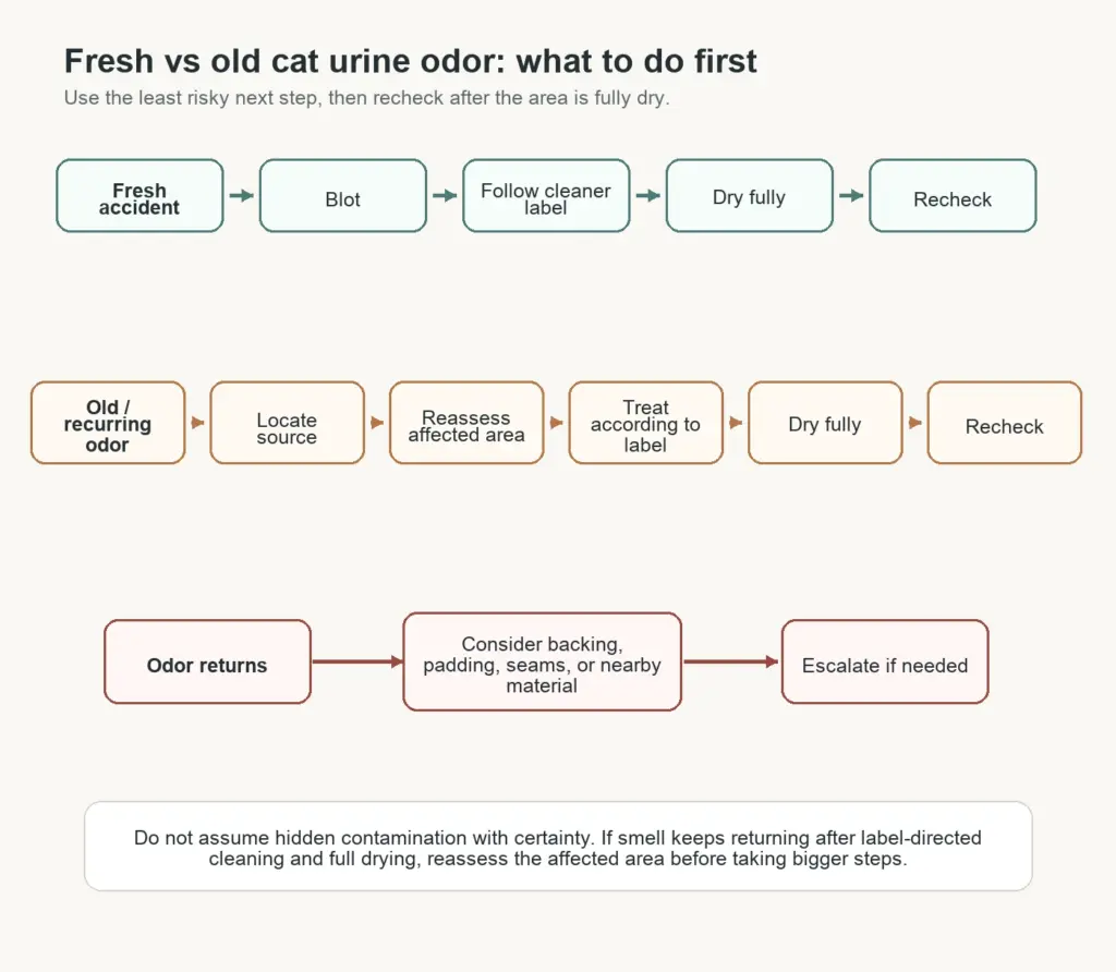 Decision graphic for fresh versus old cat urine smell in apartment carpet