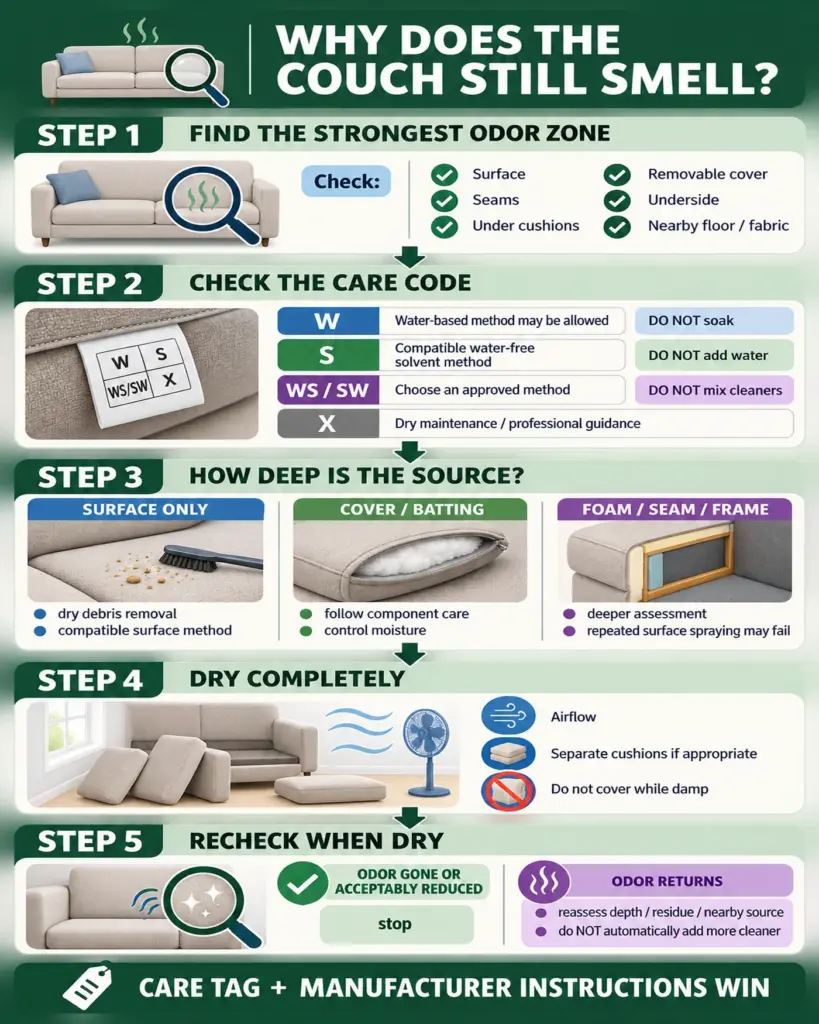 Couch pet odor cleaning decision workflow by care code and odor depth