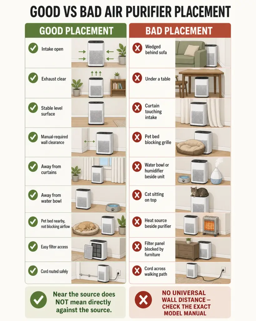 Good and bad air purifier placement in a pet apartment