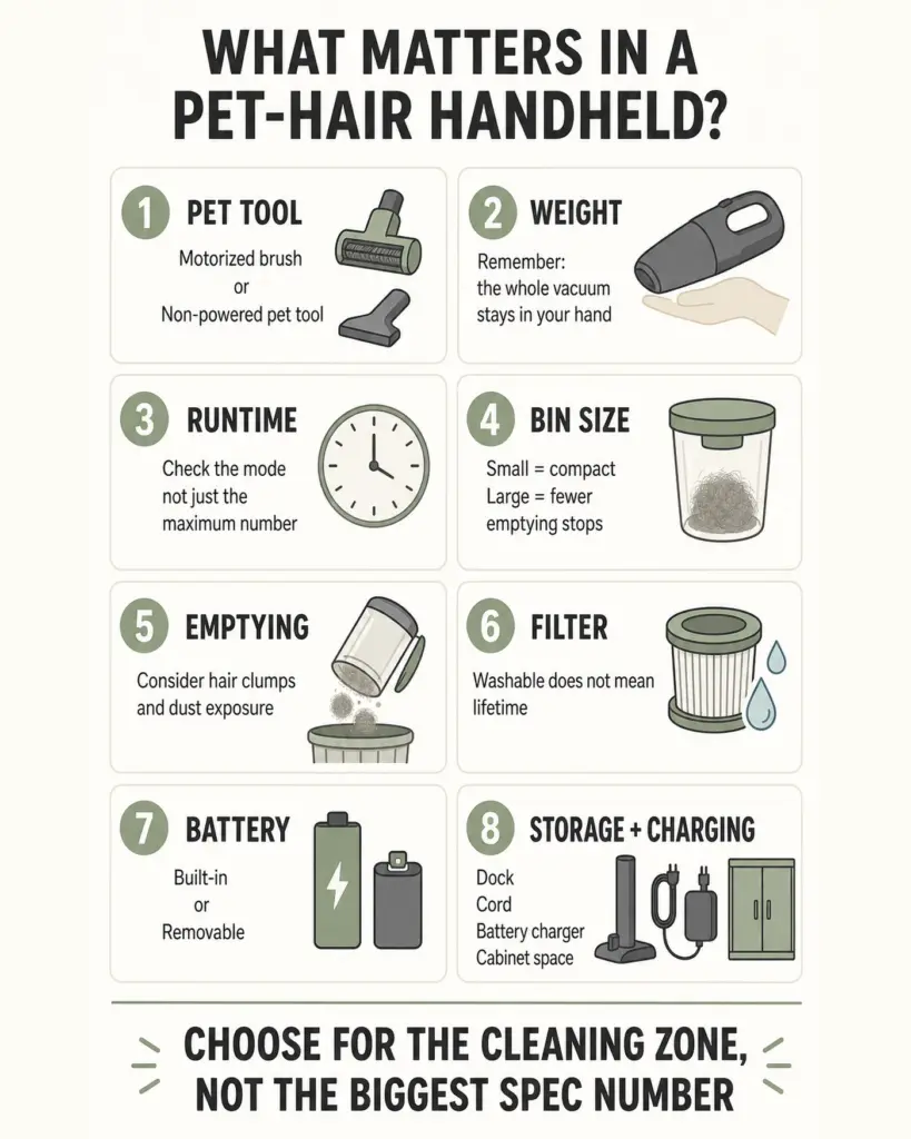 Handheld vacuum buying criteria for pet hair in apartments