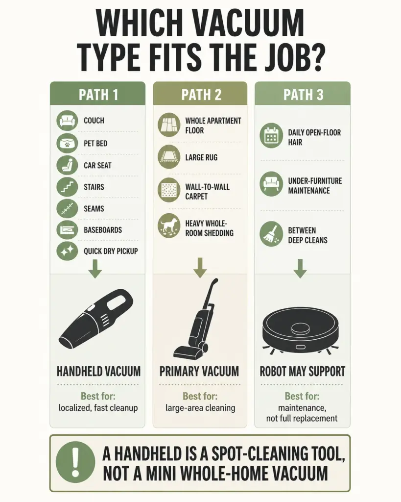 Handheld versus primary vacuum decision guide for apartment pet hair