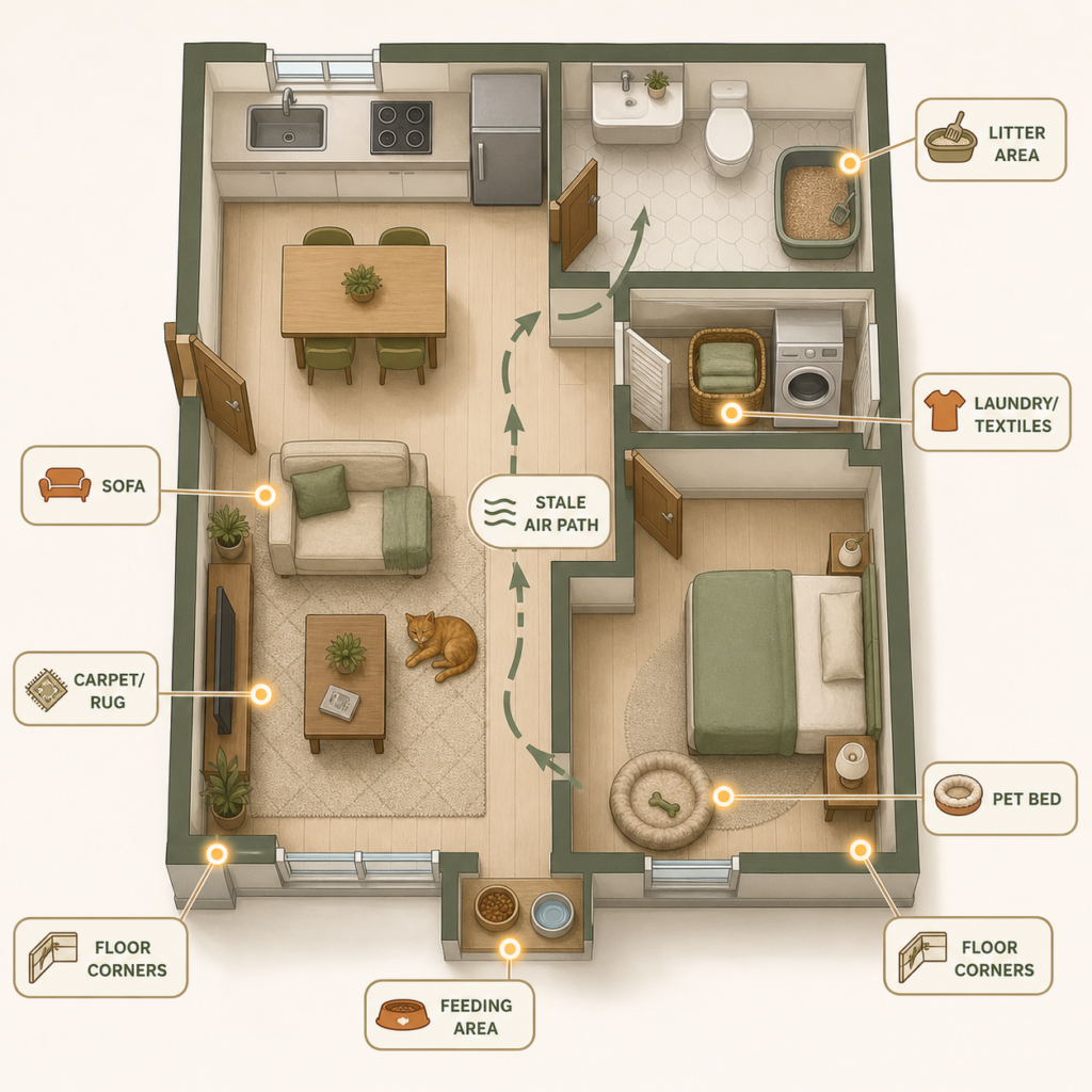 Pet odor in apartment source map for small homes