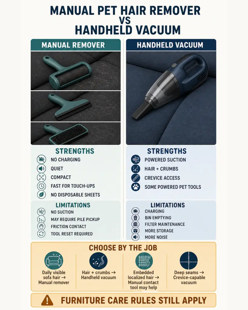 Manual pet hair remover versus handheld vacuum for furniture