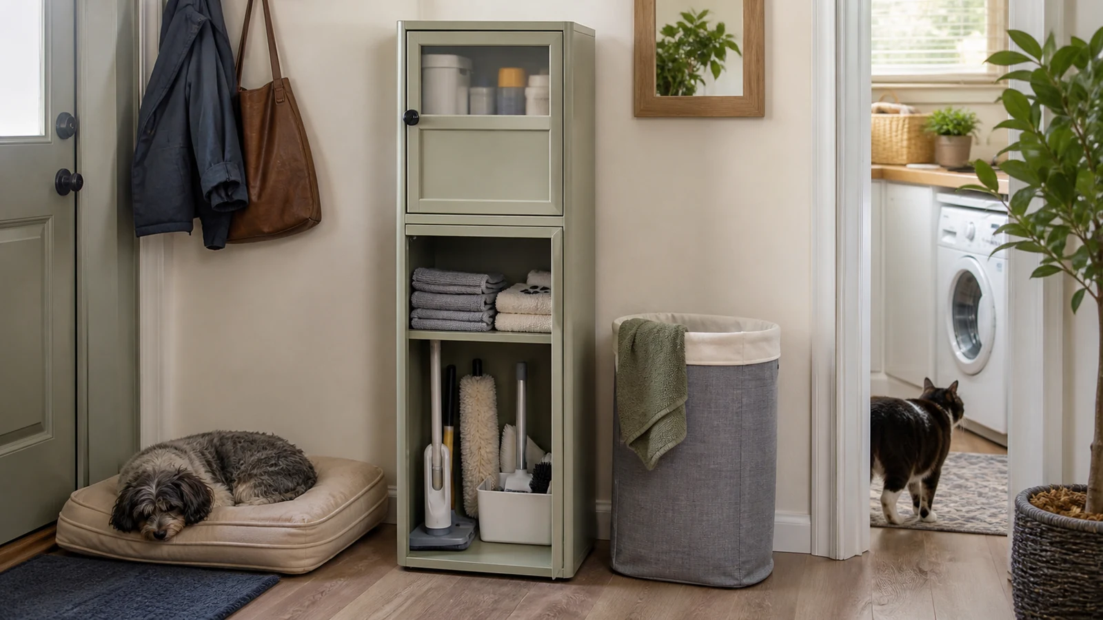 Organize pet cleaning supplies in a small apartment