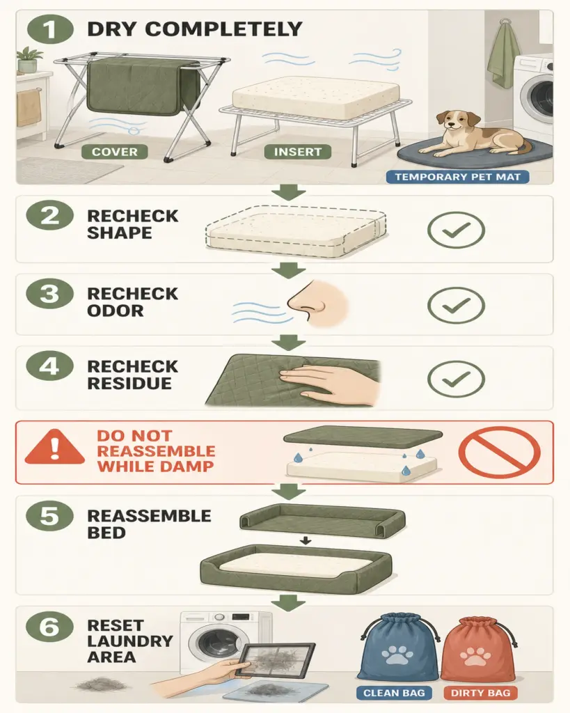 Pet bedding drying and washer reset in a small apartment