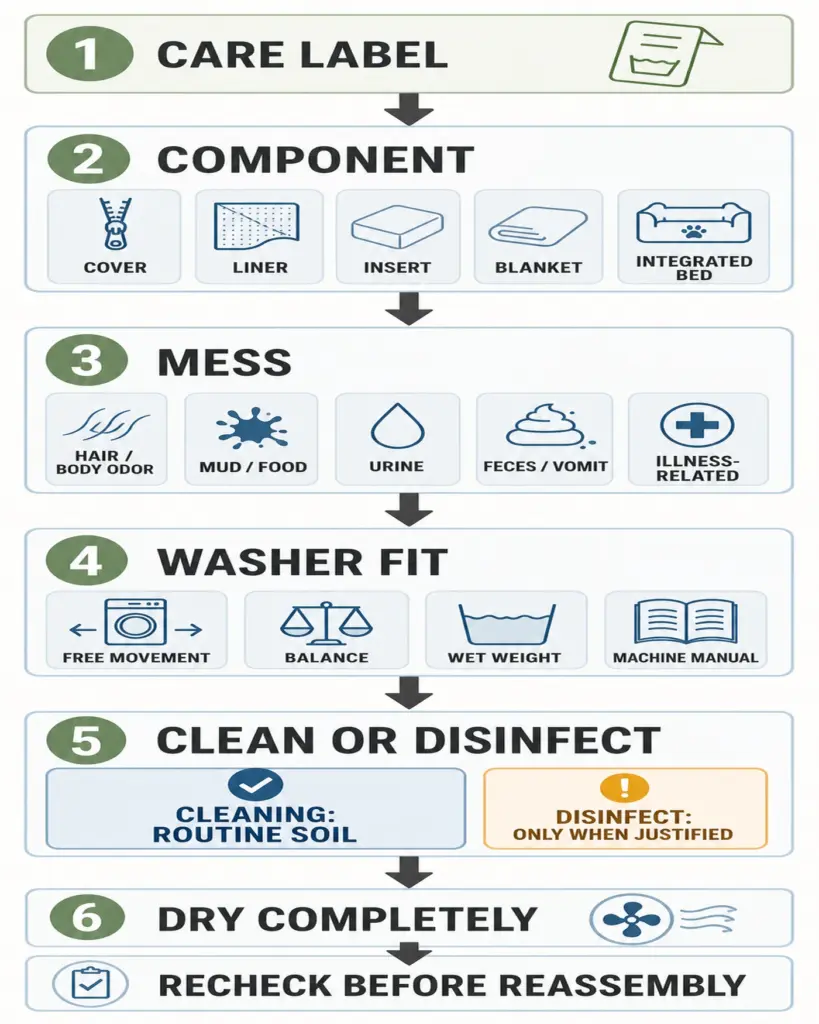 Pet bedding wash decision by cover, insert, and mess type