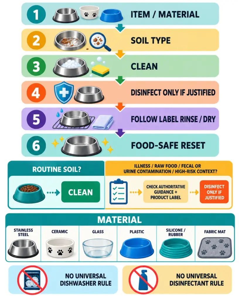 Pet bowl cleaning decision by material, residue, and disinfection need