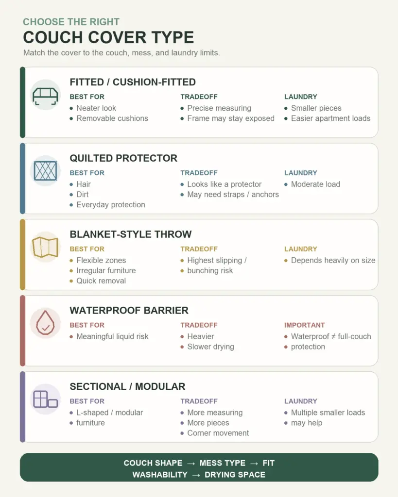 Couch cover types for pets in apartments by fit and washability