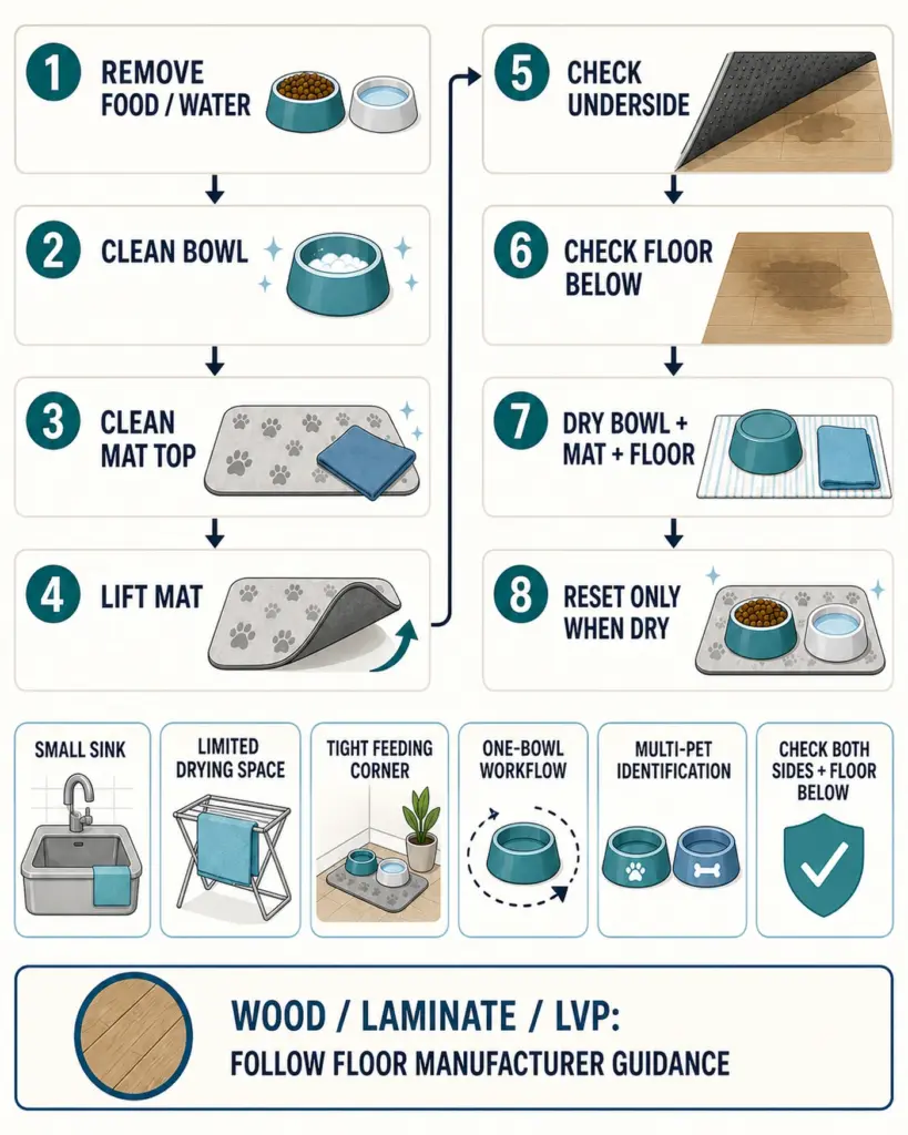 Pet feeding zone cleaning and drying reset in a small apartment