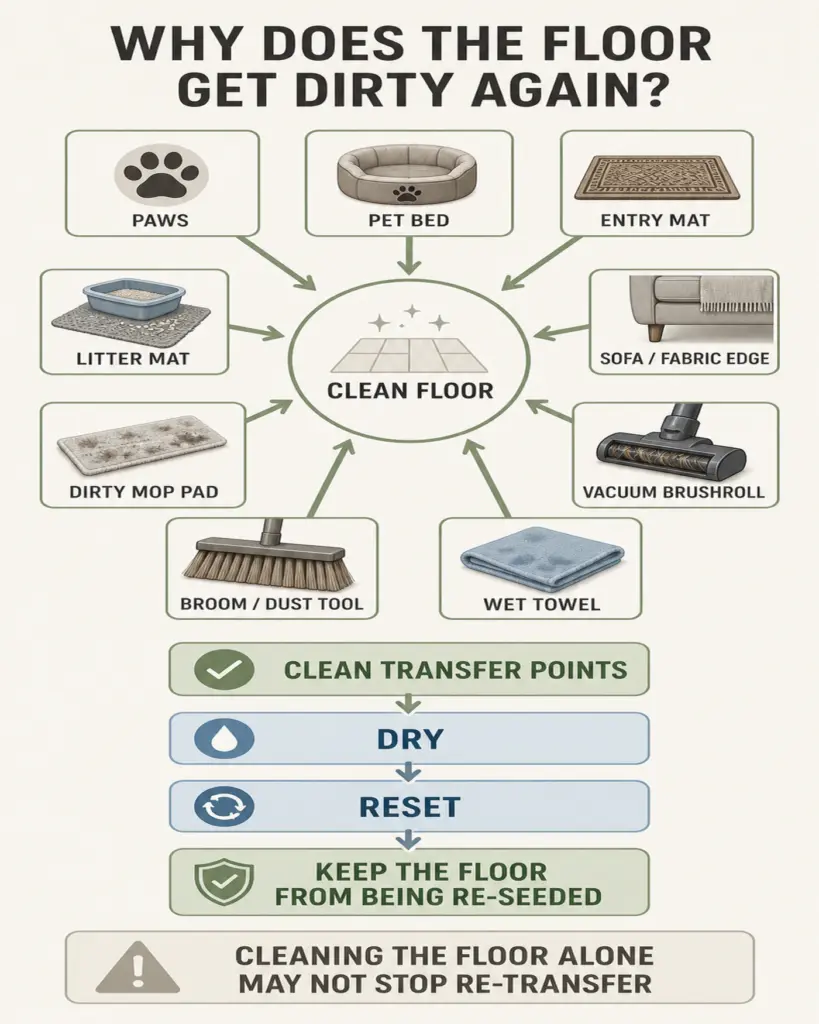 Pet floor cleaning re-transfer points in an apartment