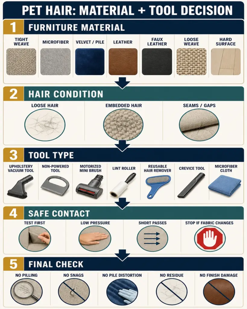 Pet hair removal tool decision by furniture material and hair condition