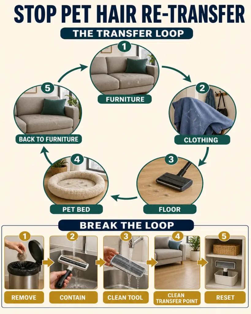 Pet hair re-transfer between furniture, clothing, floors, and pet bedding