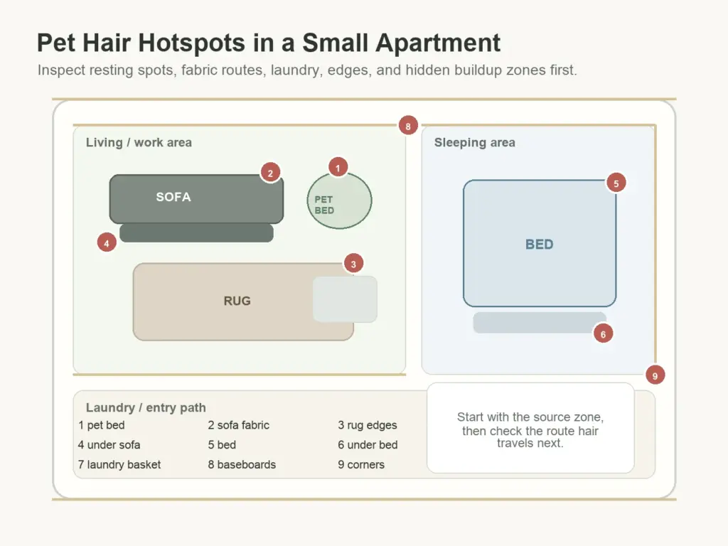 Pet hair hotspots in a small apartment