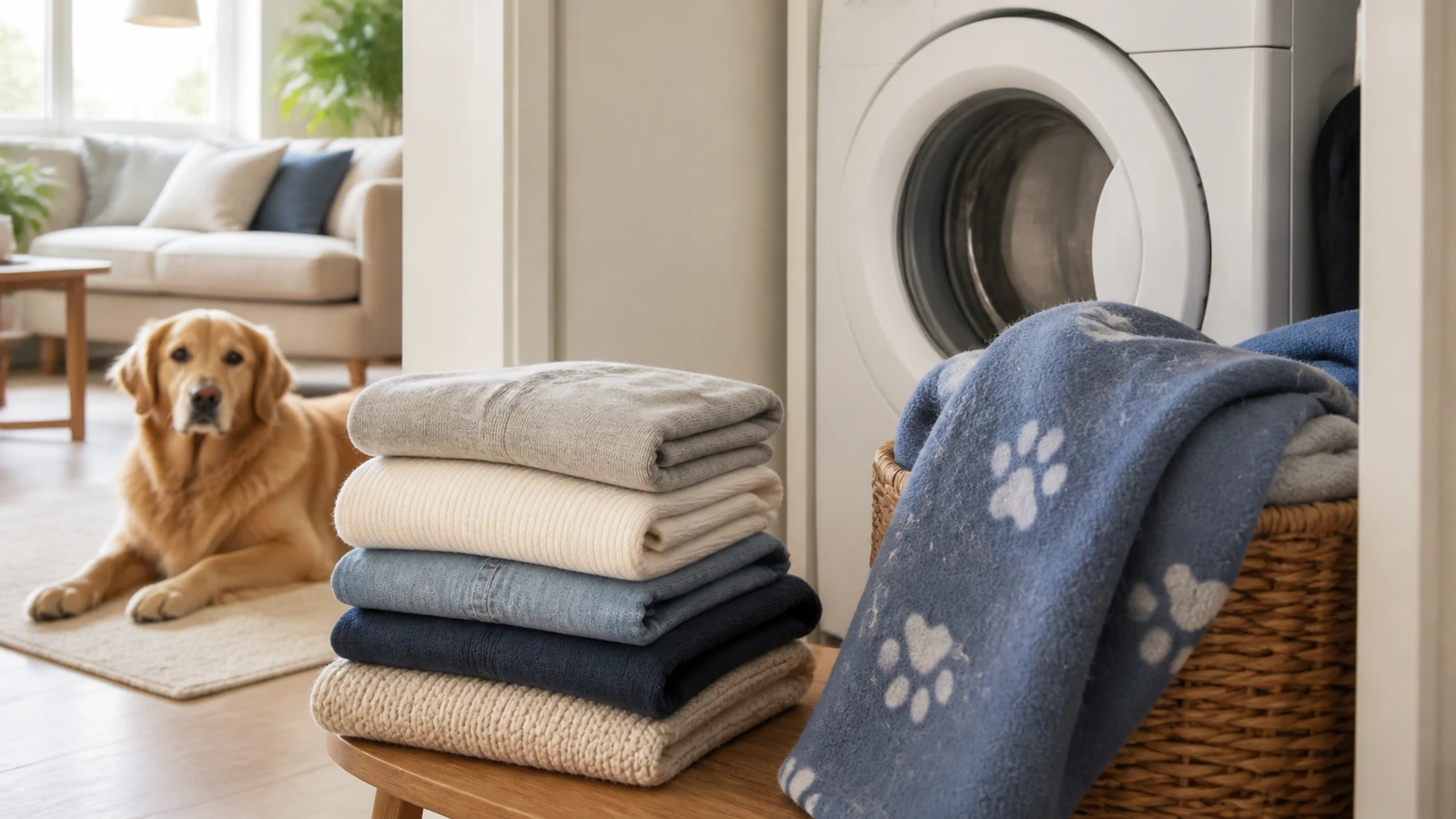 Pet hair laundry setup in a small apartment