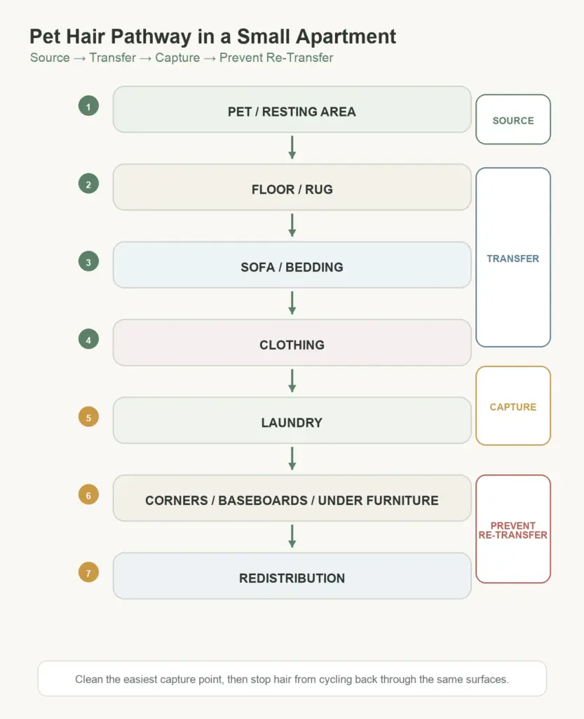 Diagram showing pet hair in apartment living moving from pet beds to floors, sofa, clothing, laundry, and corners