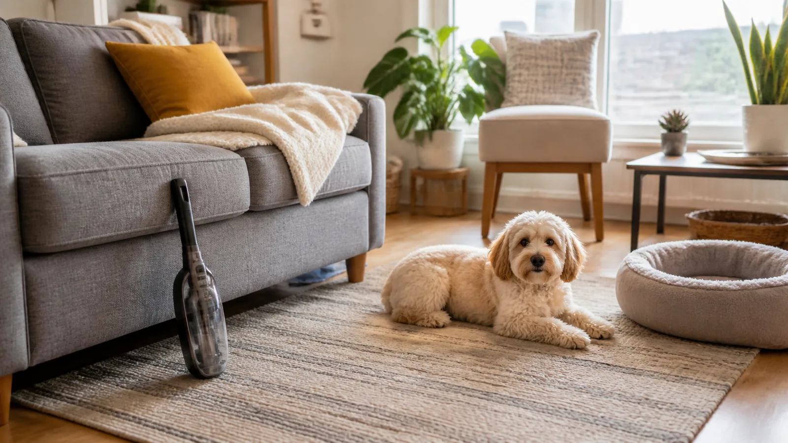 Small apartment living room with pet hair control tools near a sofa and rug
