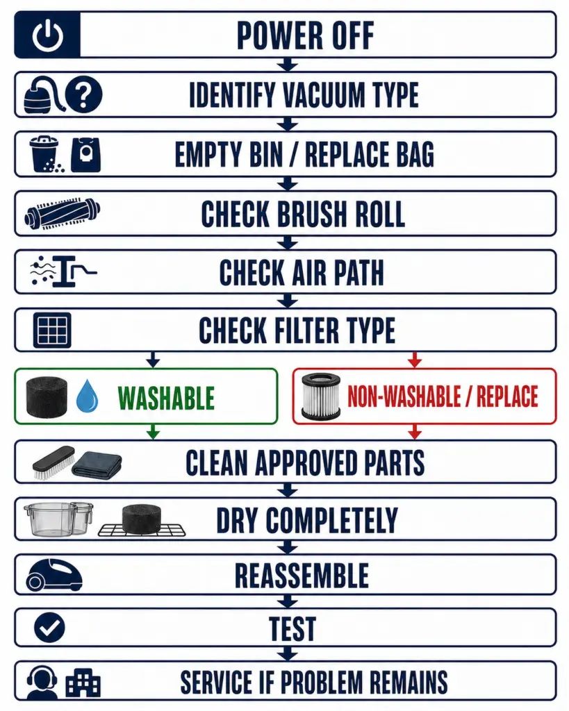 Pet hair vacuum maintenance order from power off to performance test