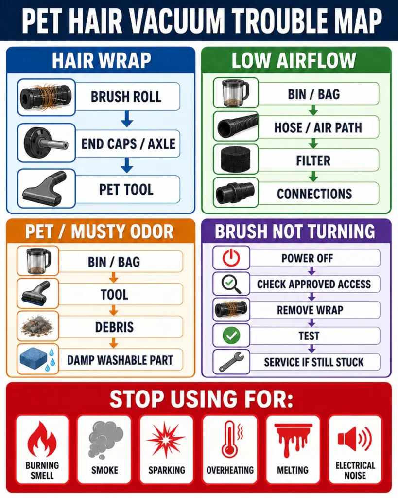 Pet hair vacuum trouble map for hair wrap, low airflow, odor, and brush problems