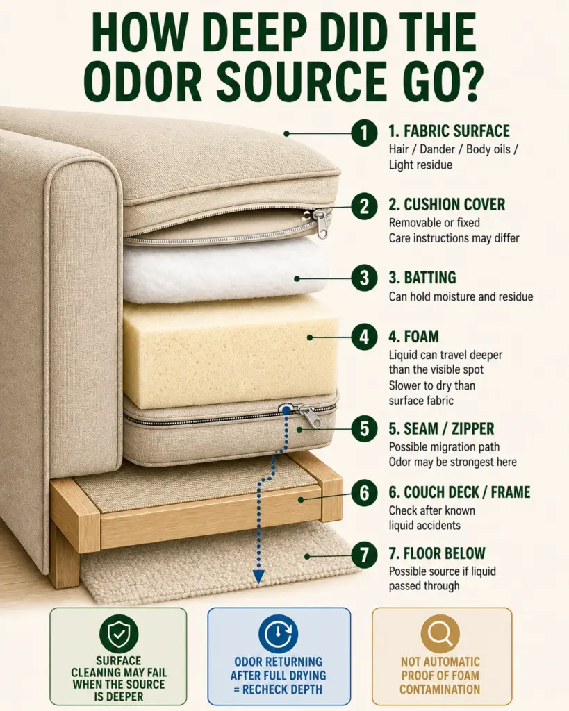 Pet odor depth inside a couch cushion from fabric to foam and frame