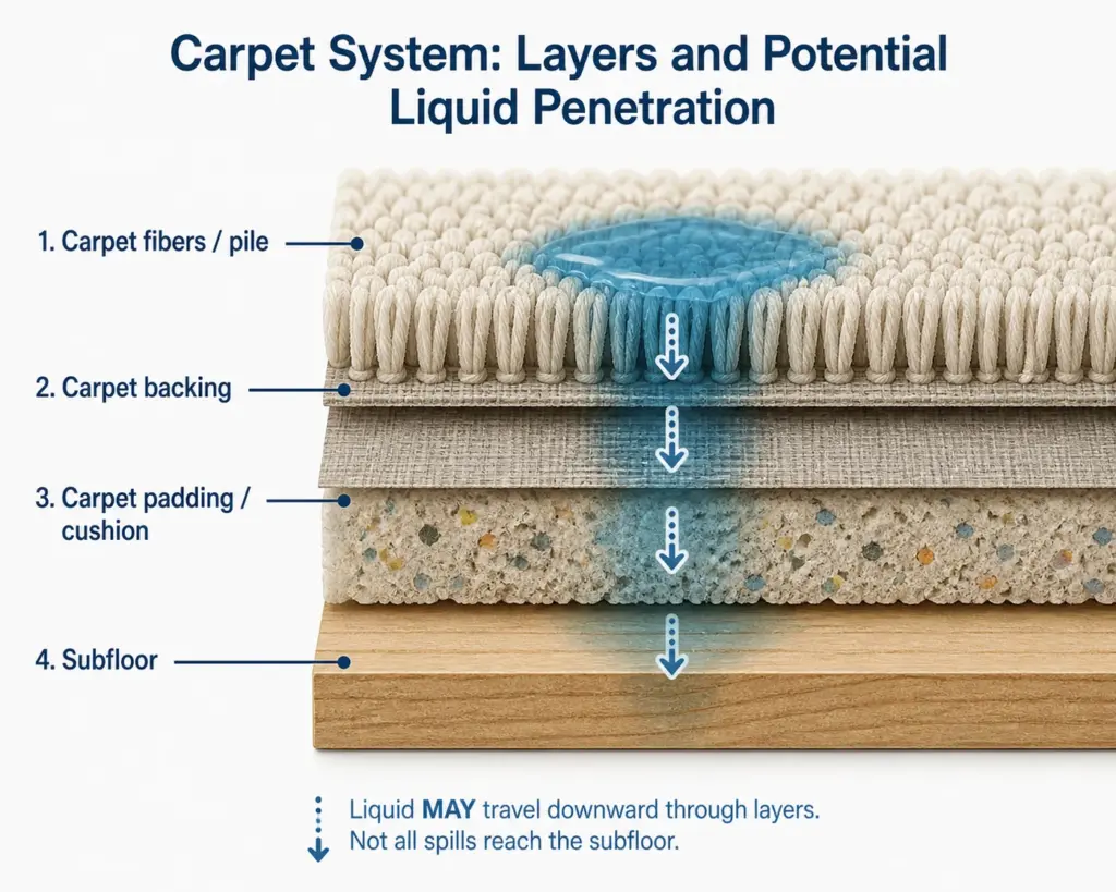 Pet urine smell in carpet padding shown across carpet layers