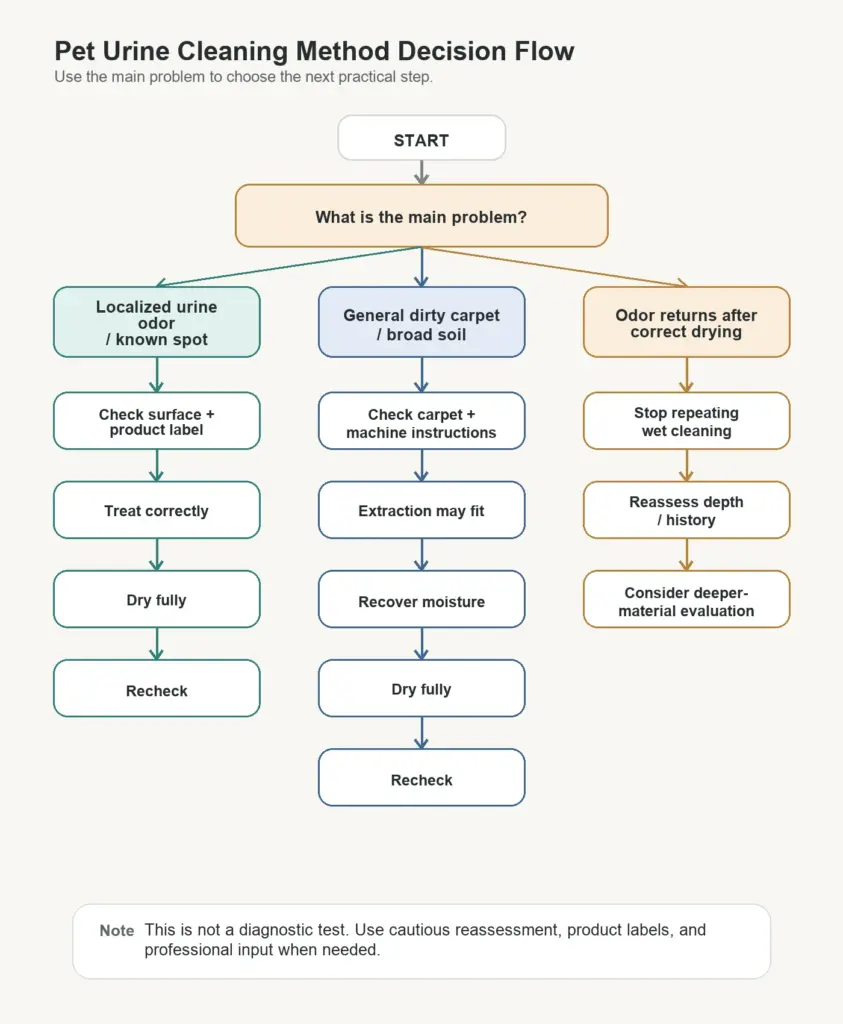 Decision flow for choosing pet urine cleaner, carpet extraction, or deeper carpet evaluation