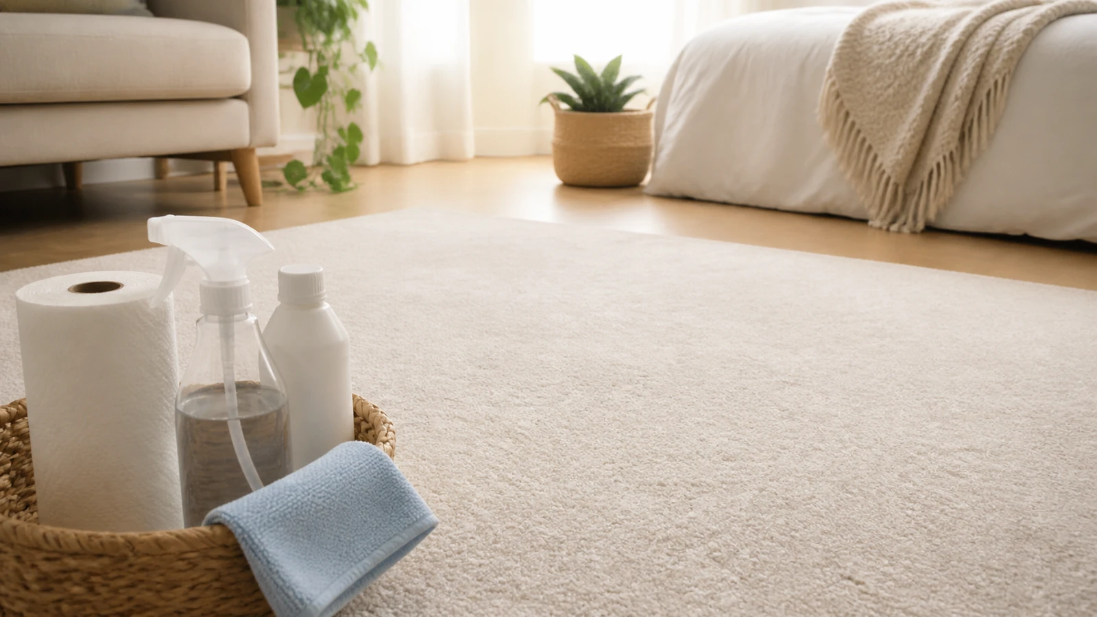 Pet urine cleanup supplies beside clean apartment carpet