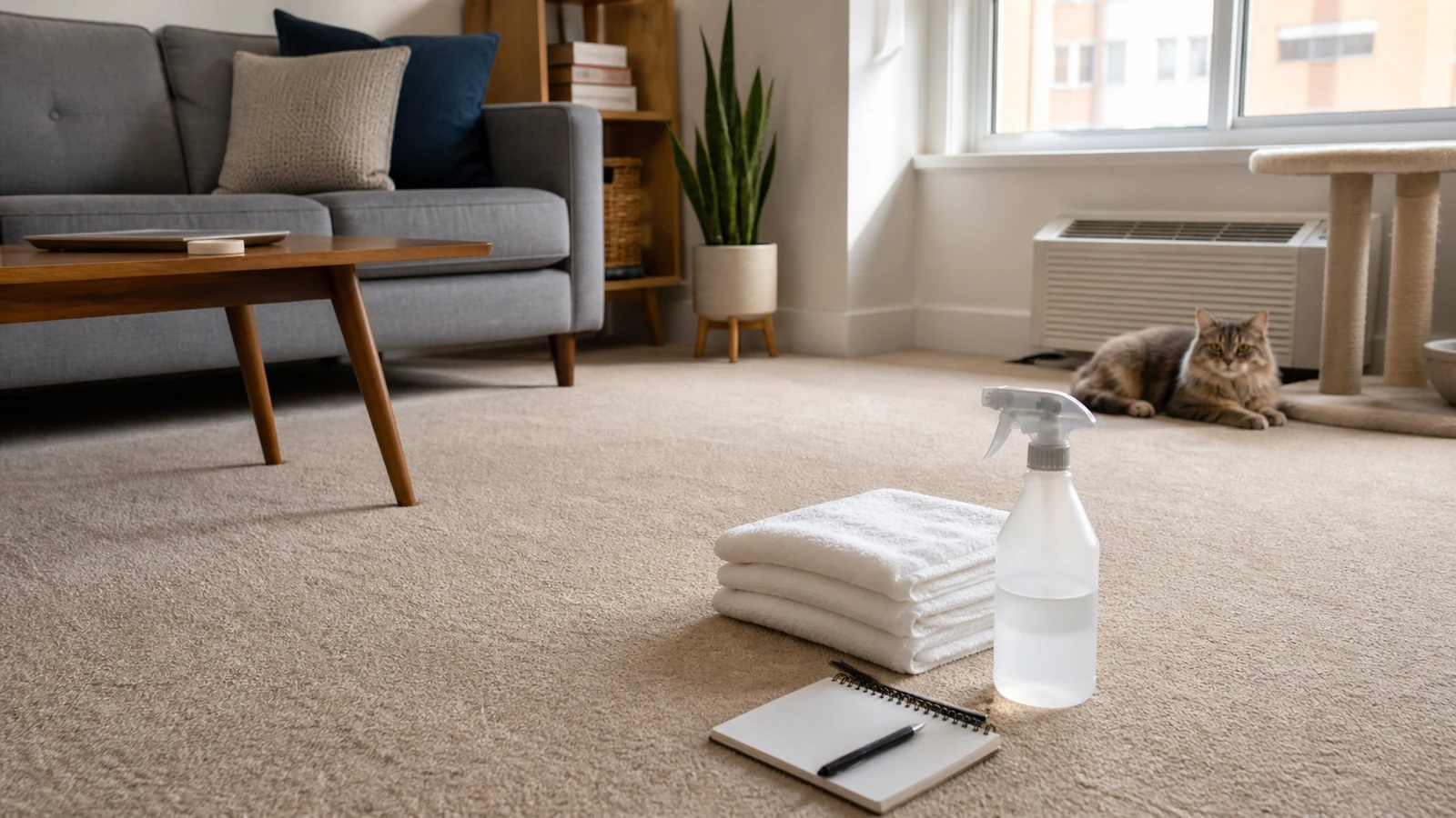 Checking apartment carpet for pet urine smell in carpet padding
