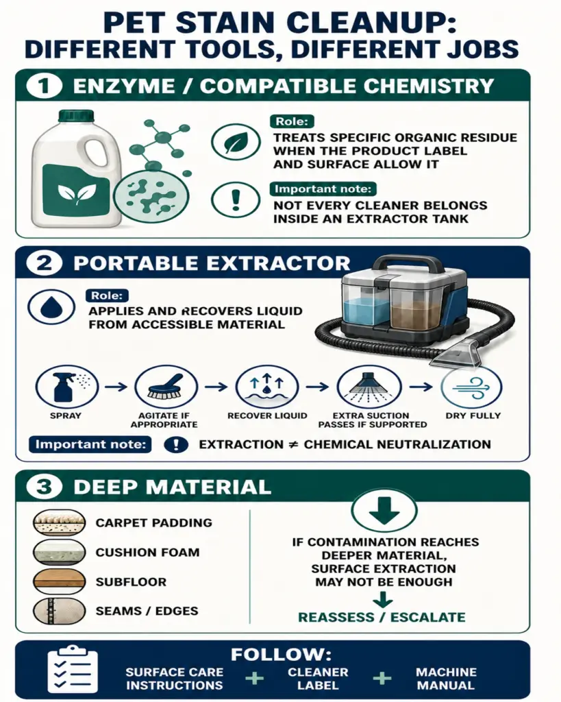 Portable carpet extractor and enzyme cleaner roles for pet stains