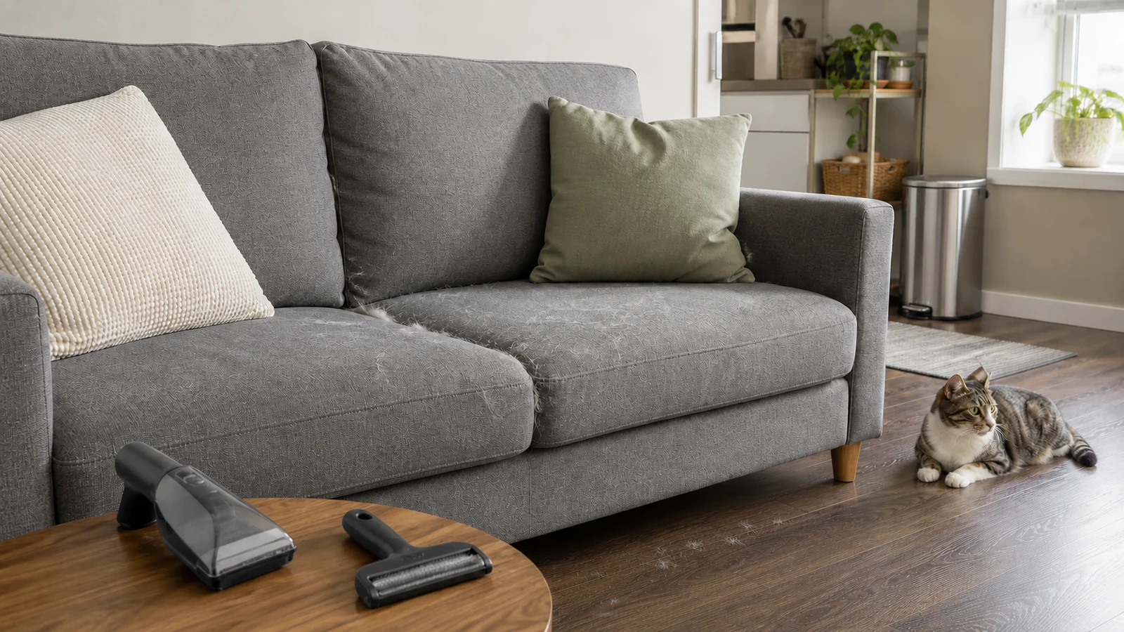 Remove pet hair from furniture in an apartment
