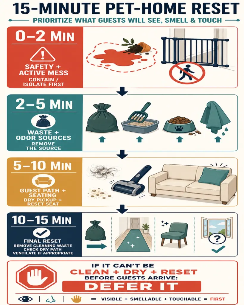 15 minute pet cleaning priority timeline before guests arrive