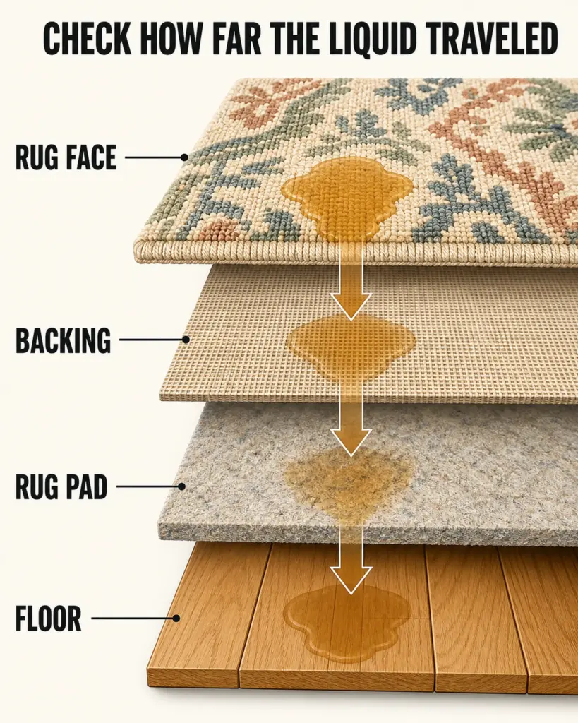 Area rug pet stain decision by rug surface, backing, pad, and floor