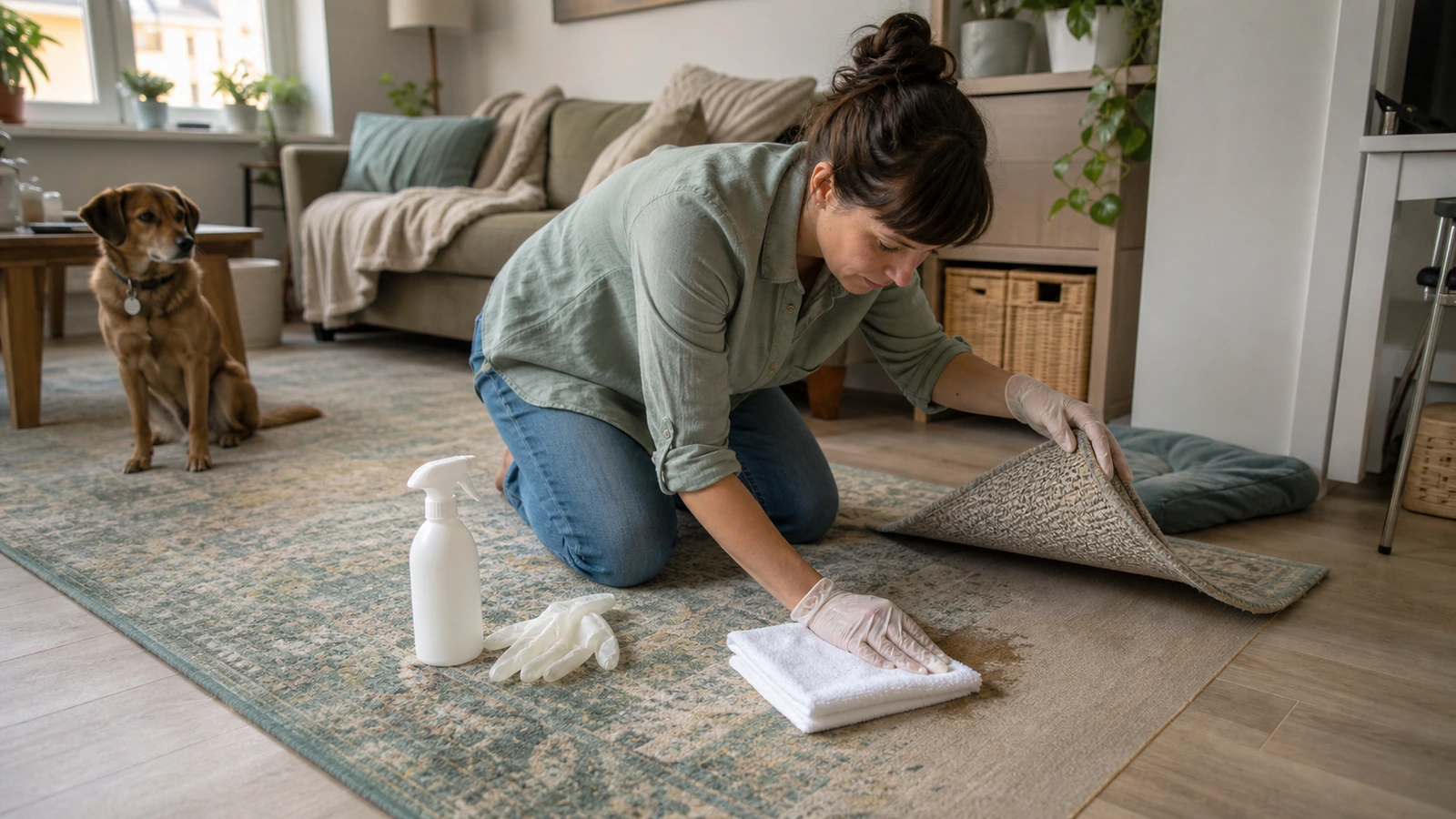 Clean pet stains from an area rug in a small apartment