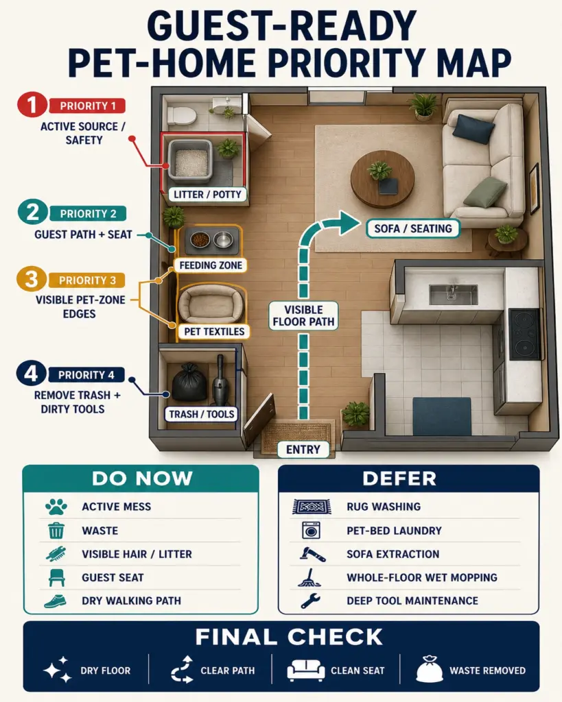 Guest-ready pet cleaning priority map for a small apartment