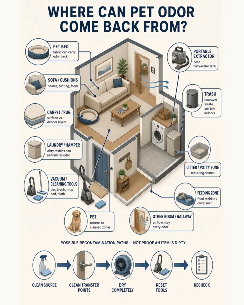 Hidden pet odor recontamination sources in a small apartment