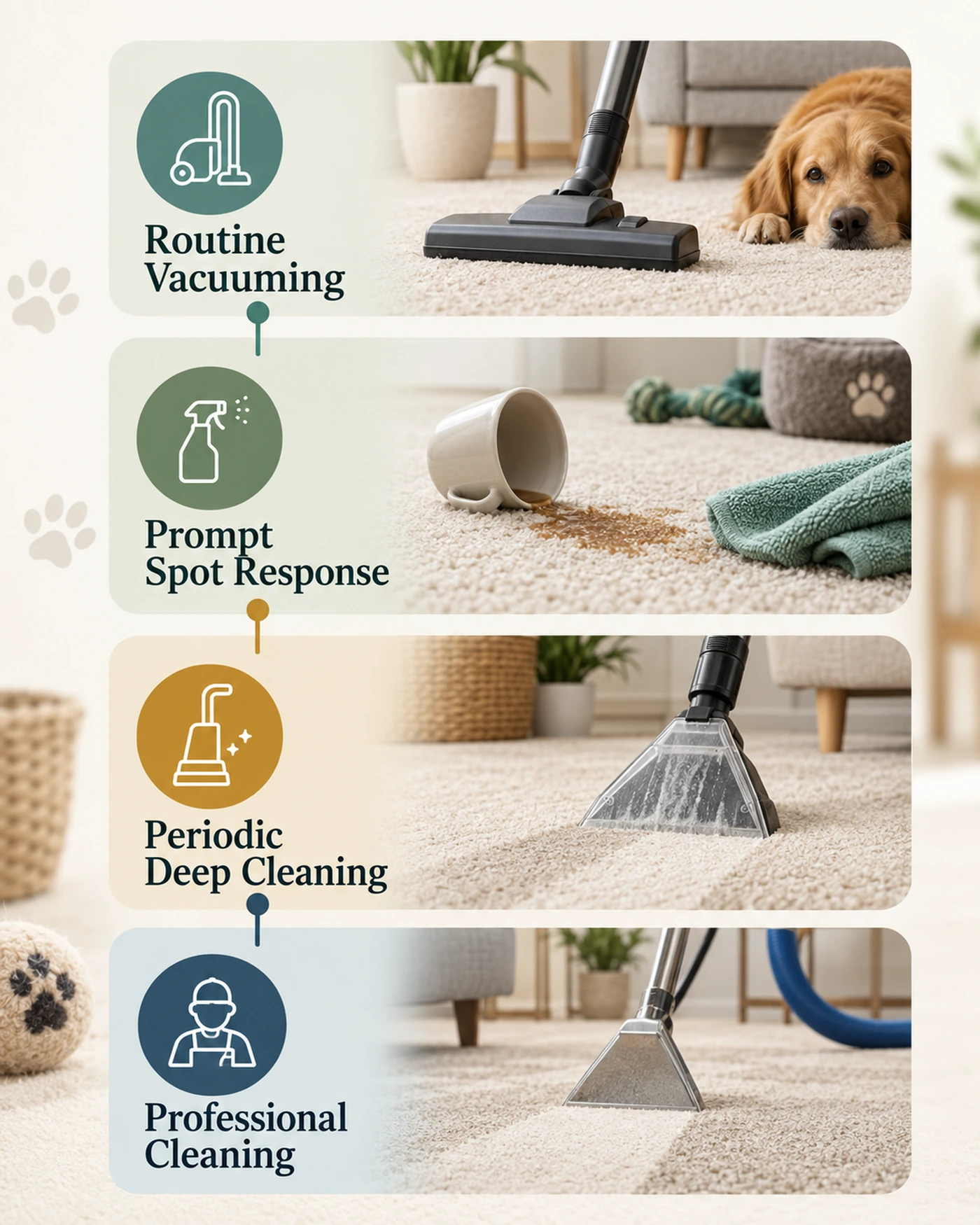 Pet carpet cleaning cadence for vacuuming, spot cleaning, deep cleaning, and professional care