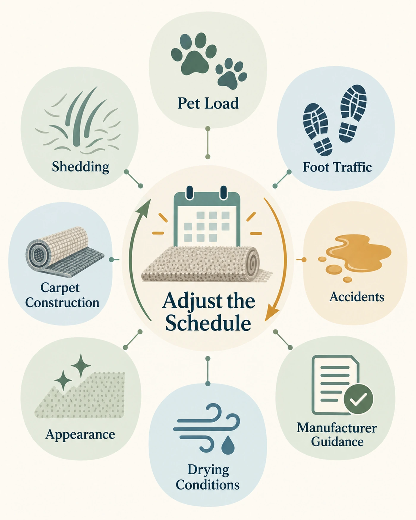 Pet carpet cleaning schedule adjustment by traffic, shedding, accidents, and carpet conditions