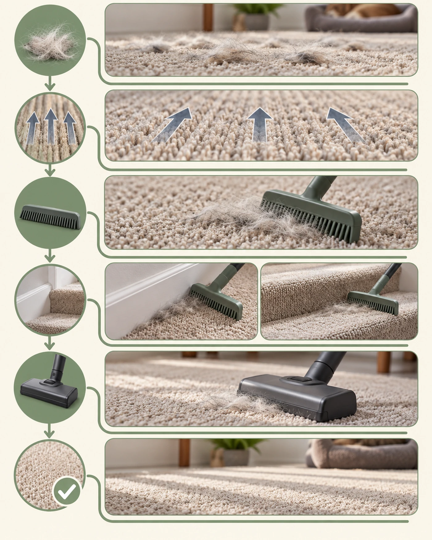 Pet hair removal process for carpet from loosening to final vacuum pickup