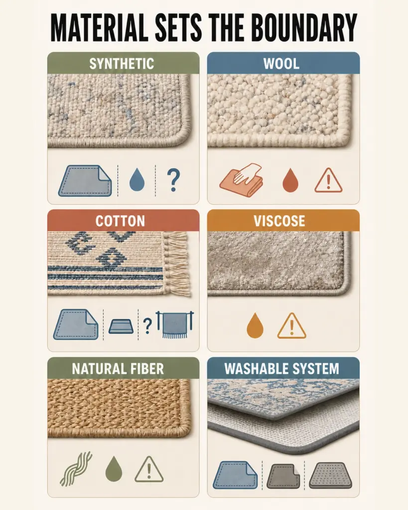 Pet stain area rug cleaning map by material, moisture, and drying needs