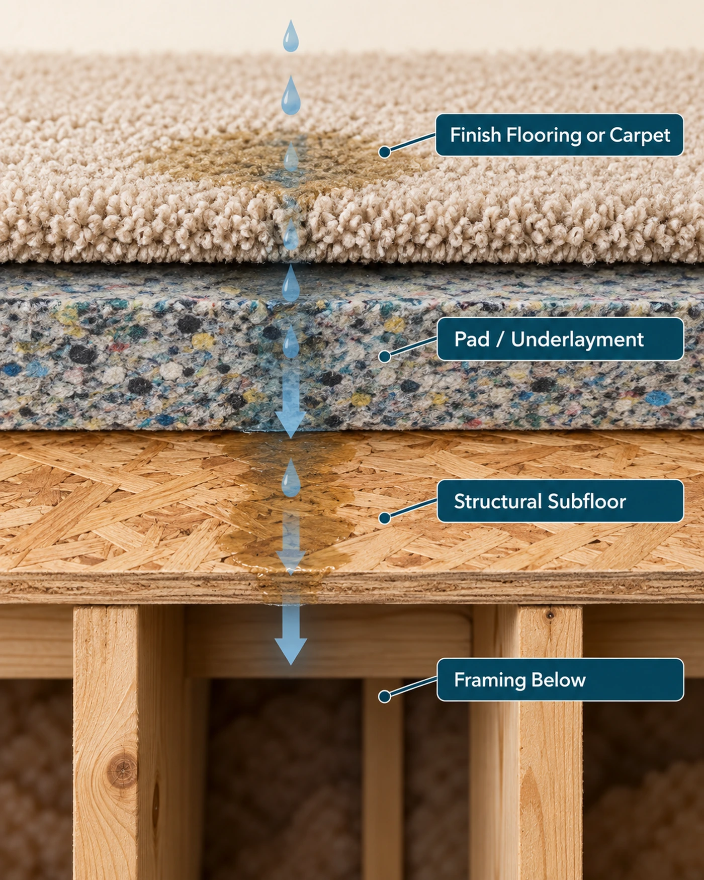 Pet urine floor layer diagnosis from surface flooring to structural subfloor