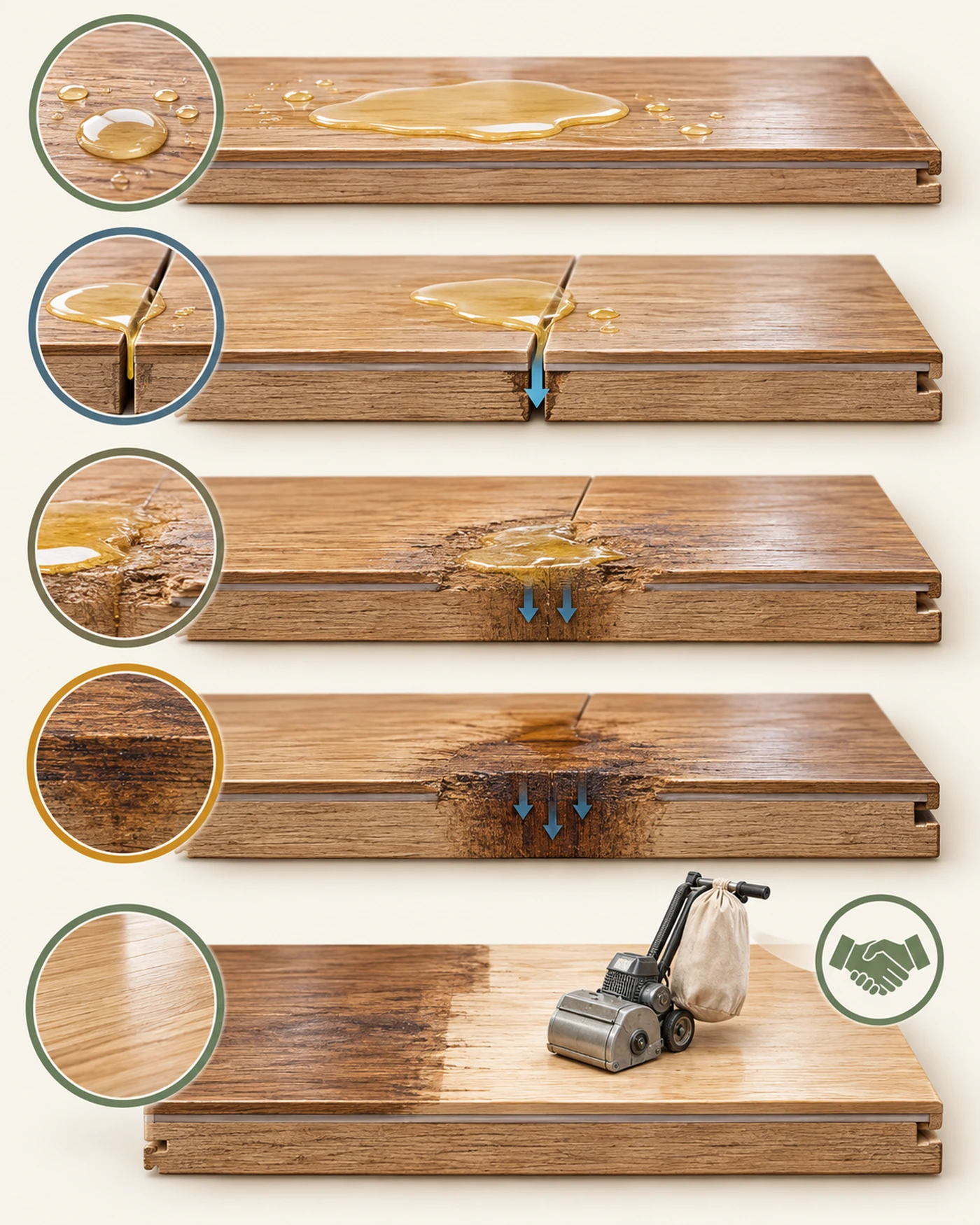 Pet urine penetration levels in hardwood floors from surface residue to deeper damage