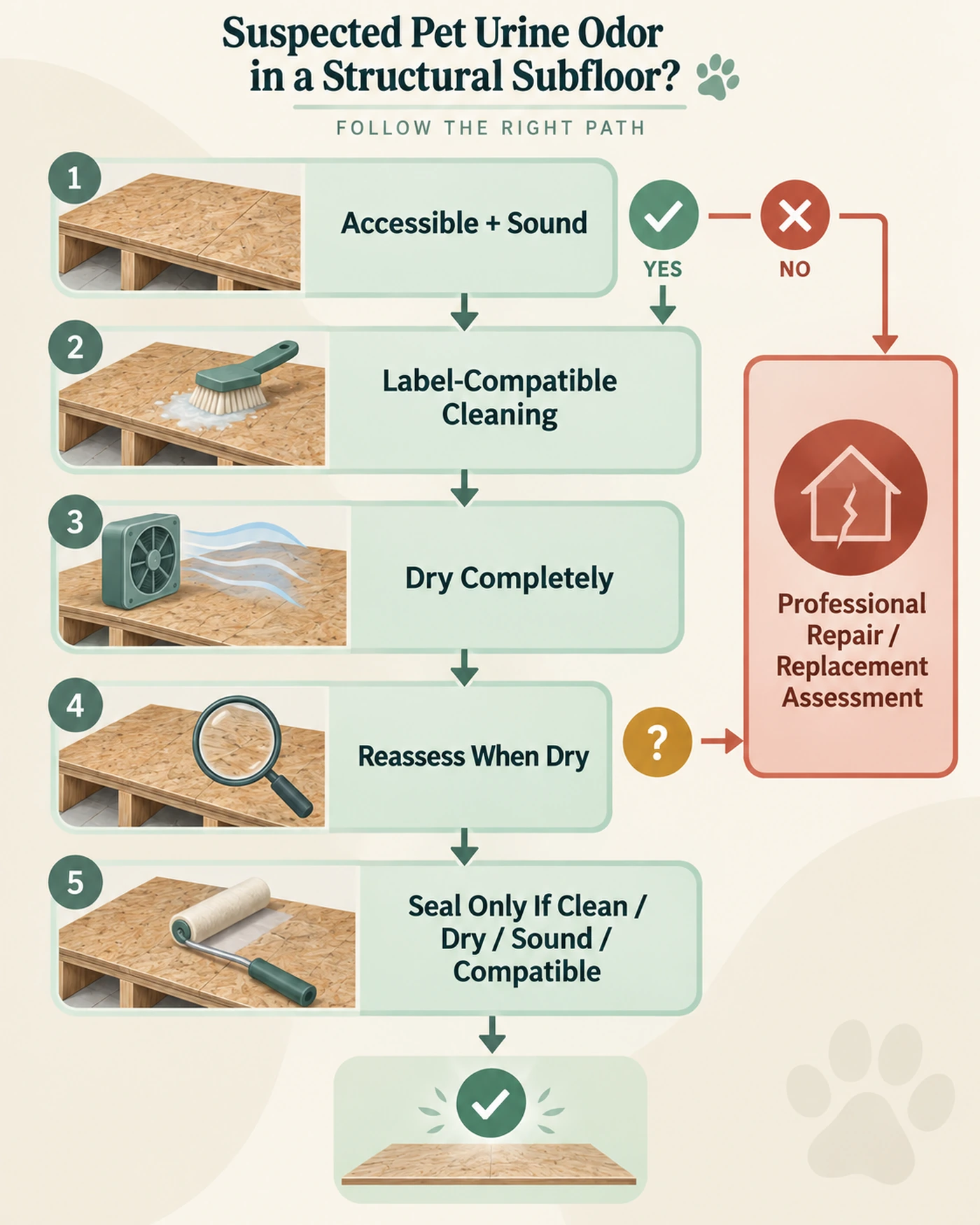 Pet urine subfloor clean dry reassess decision for cleaning, sealing, or professional repair