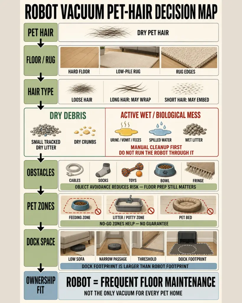 Robot vacuum decision map for pet hair, rugs, litter, obstacles, and apartment space