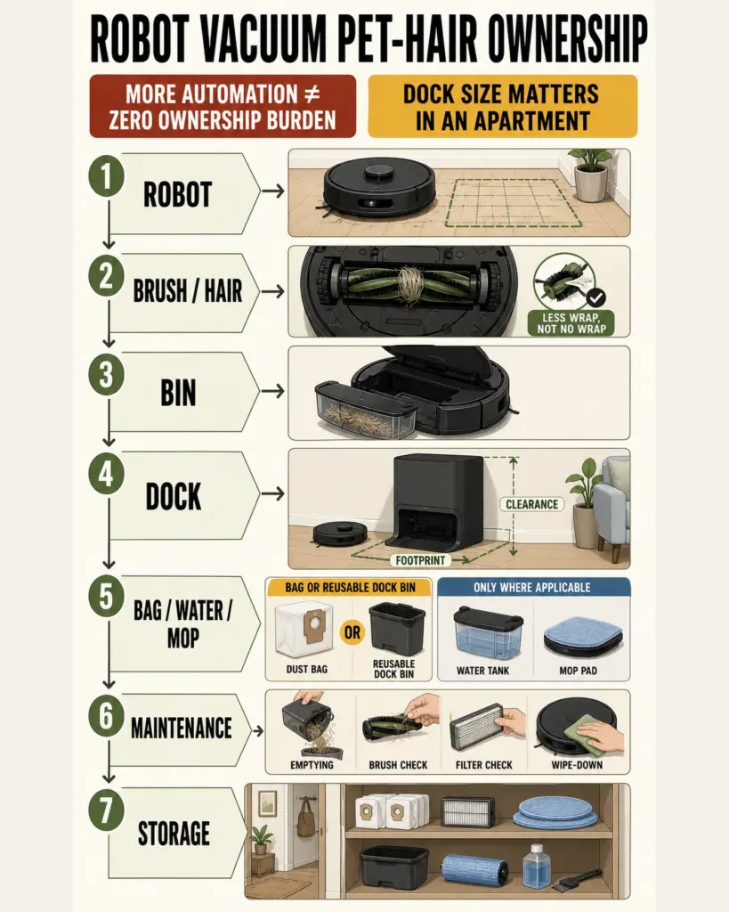 Robot vacuum pet hair and dock fit for a small apartment