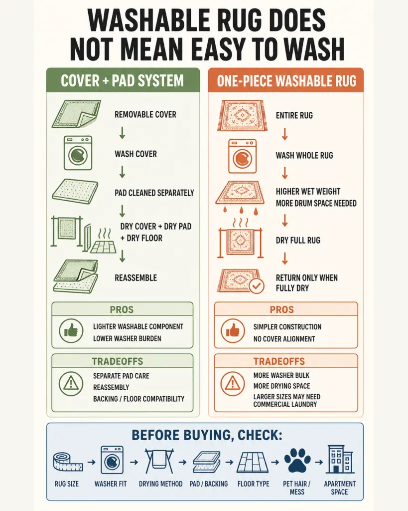 Washable rug systems compared by washer fit, drying, backing, and pet mess